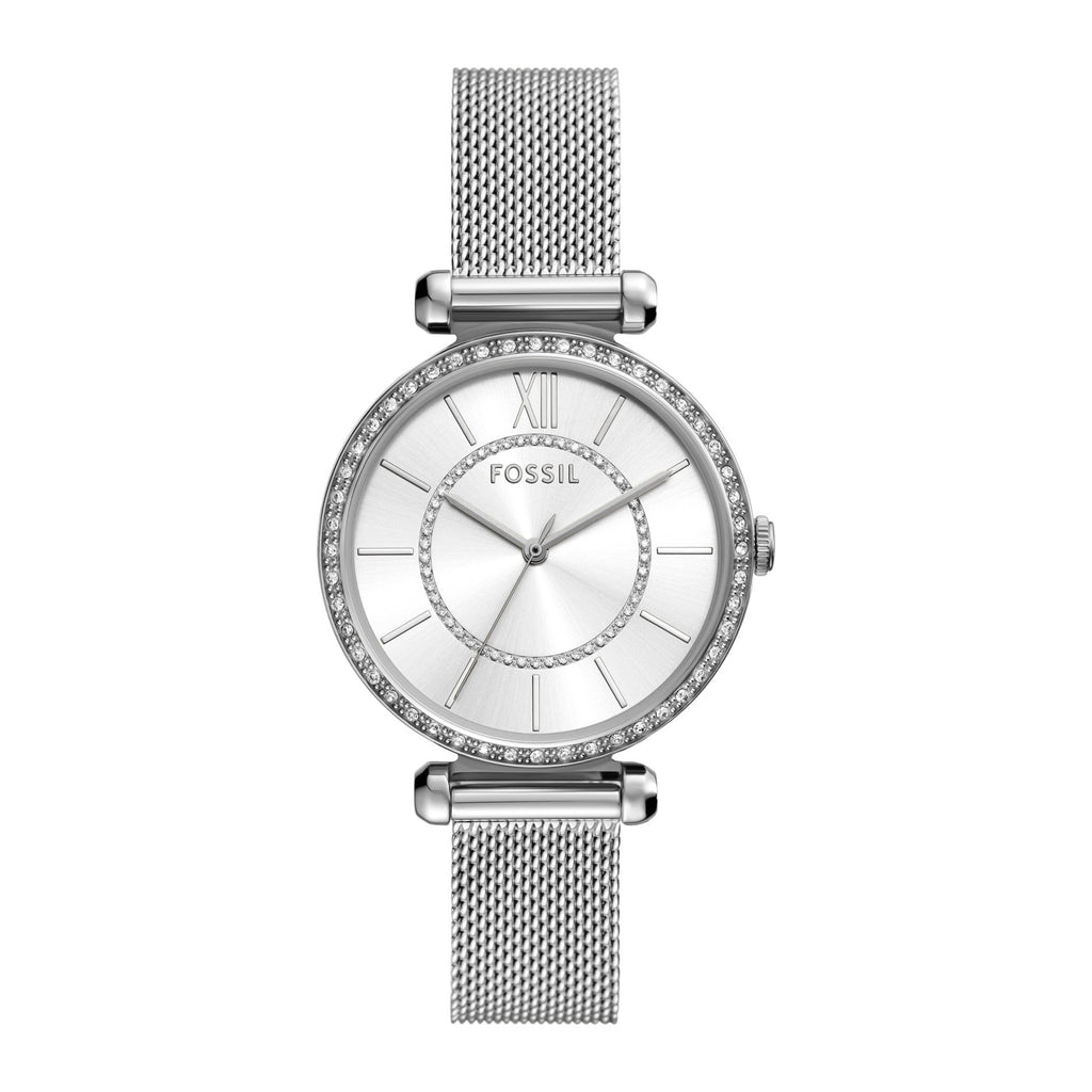 Fossil Silver mesh, crystal bezel, white dial
