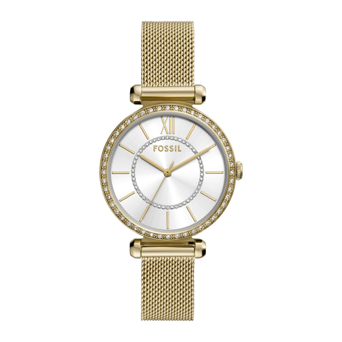 Fossil Gold mesh, crystal bezel, white dial