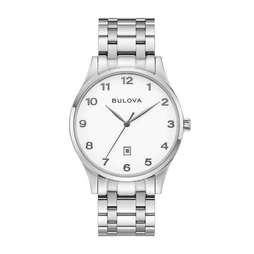 Bulova Men's white dial, steel bracelet, date