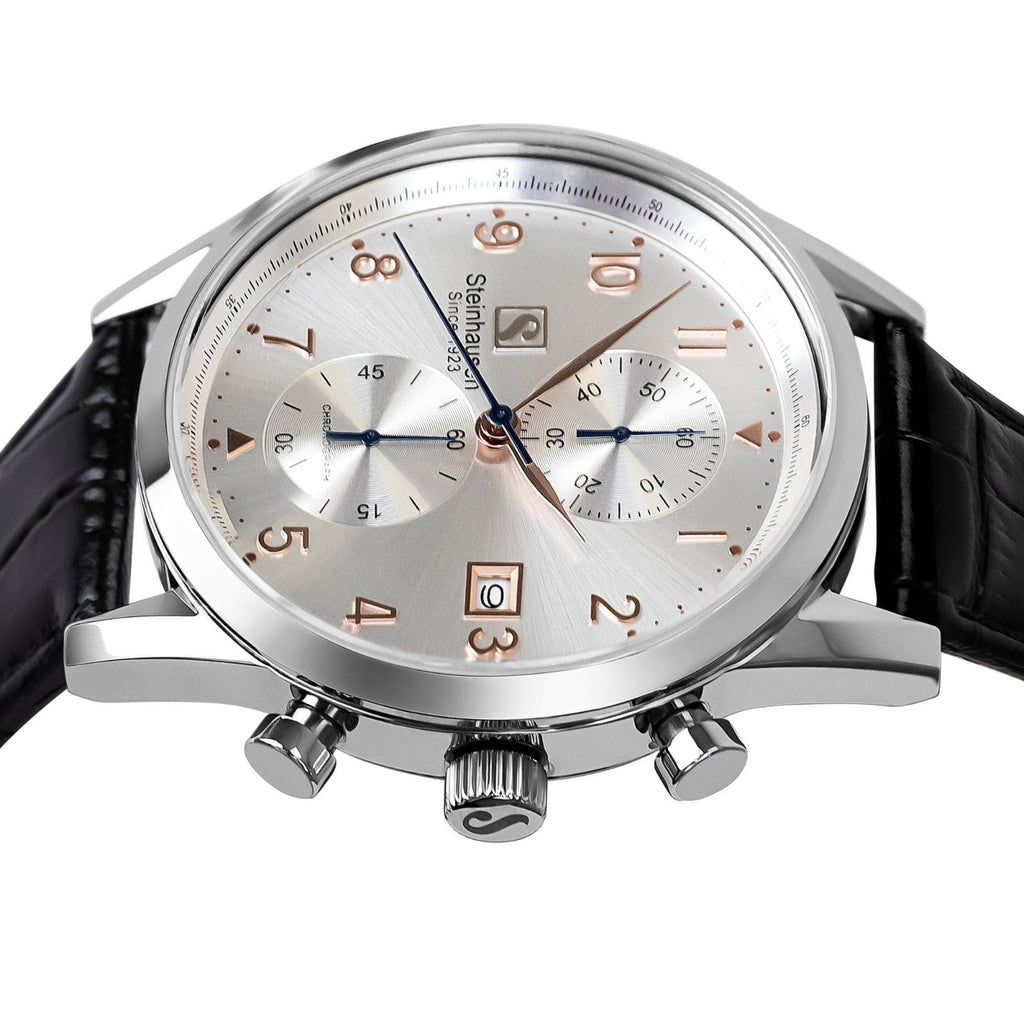 Steinhausen Chronograph, silver dial, black leather strap - view 3