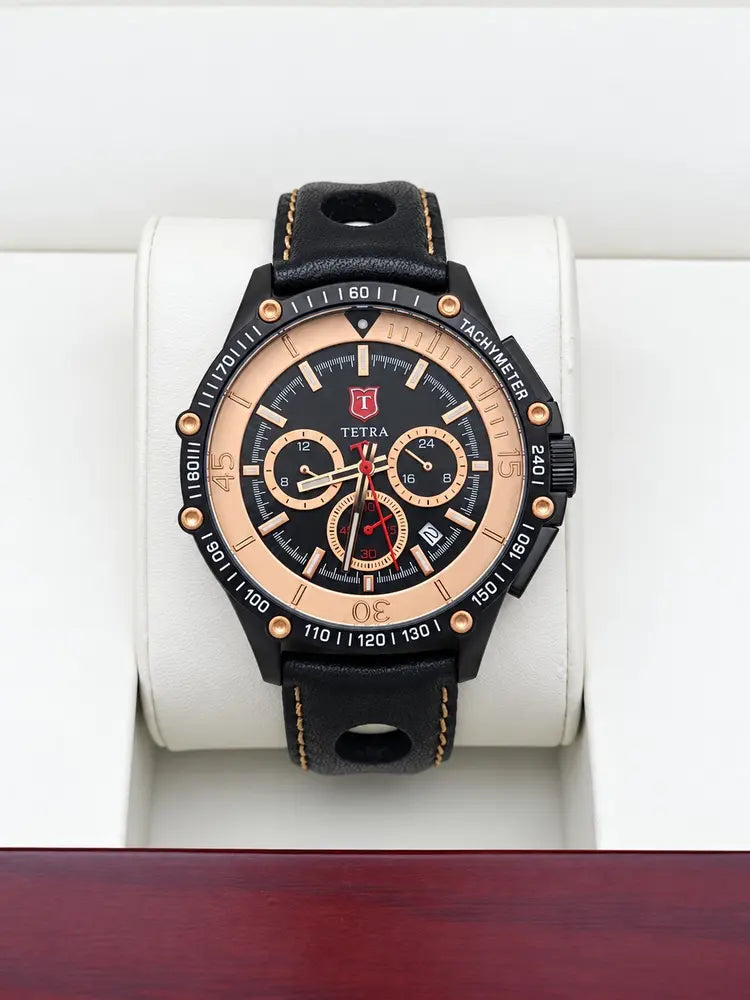 Tetra Chronograph 45mm, black & rose gold, leather