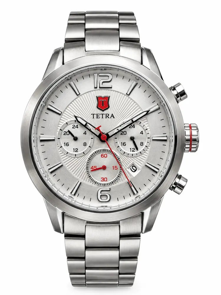 Tetra 773A chronograph, steel link band, white dial