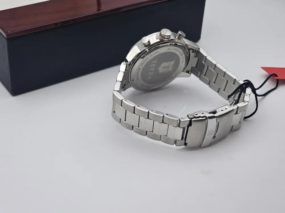 Tetra Chronograph, steel, white dial, red logo