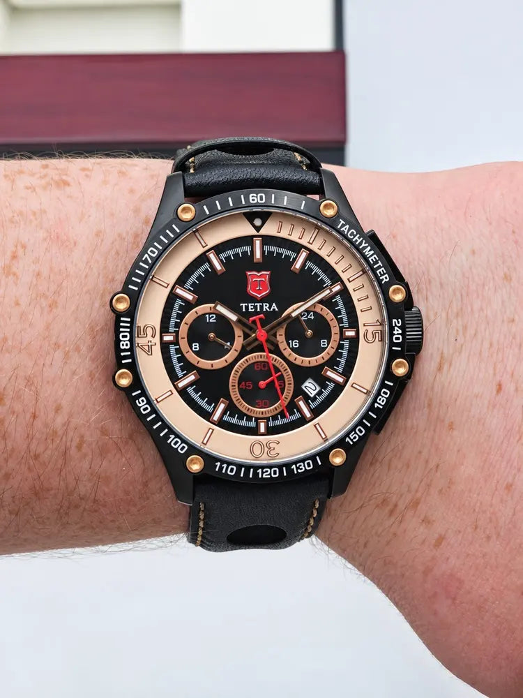 Tetra Chronograph 45mm, black & rose gold, leather