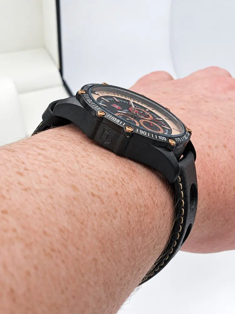 Tetra Chronograph 45mm, black & rose gold, leather