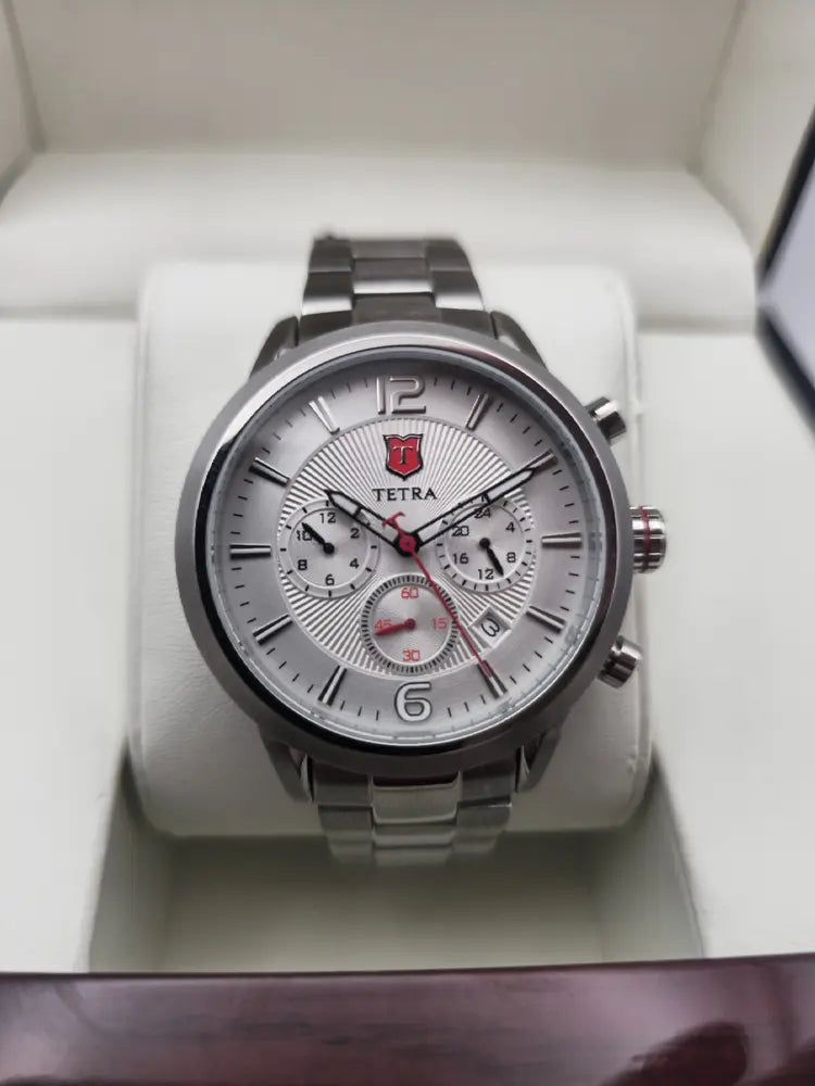 Tetra Chronograph, steel, white dial, red logo