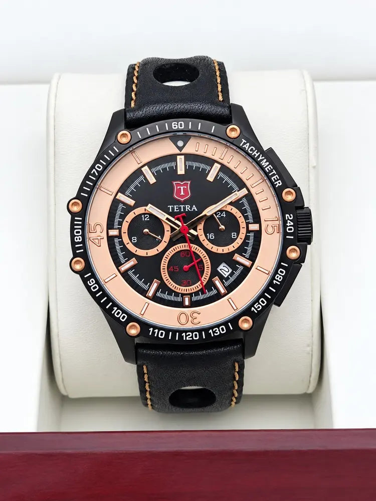 Tetra Chronograph 45mm, black & rose gold, leather
