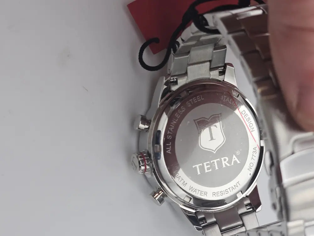 Tetra Chronograph, steel, white dial, red logo