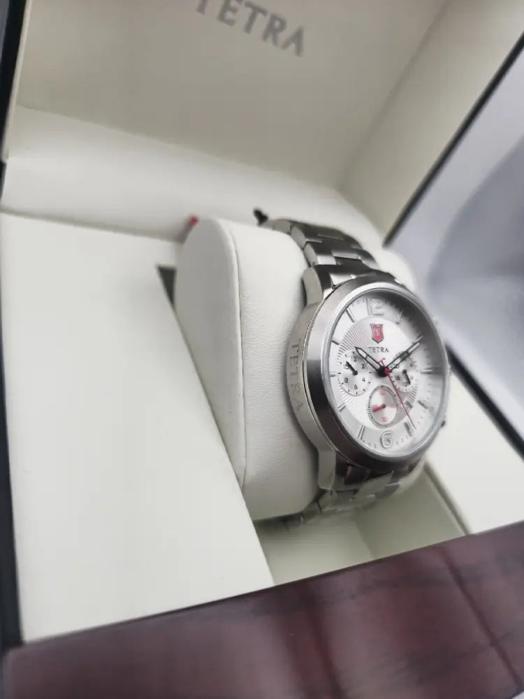 Tetra Chronograph, steel, white dial, red logo