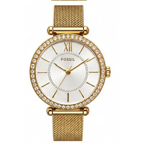 Fossil Gold mesh, crystal bezel, white dial