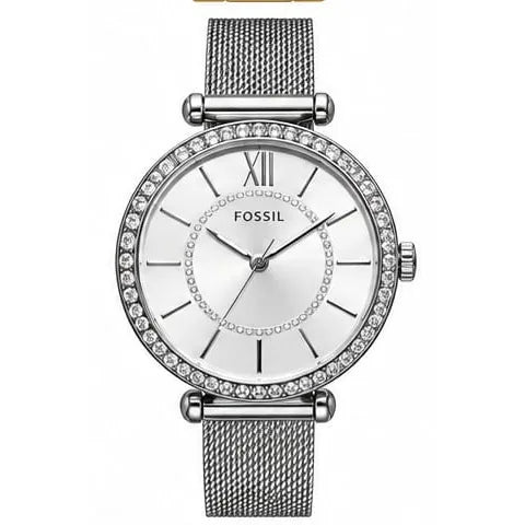 Fossil Silver mesh, crystal bezel, white dial