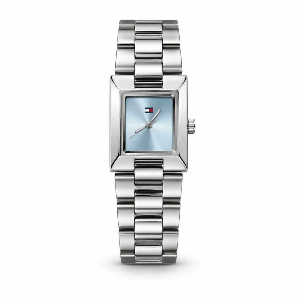 Tommy Hilfiger Silver rectangle, ice-blue dial