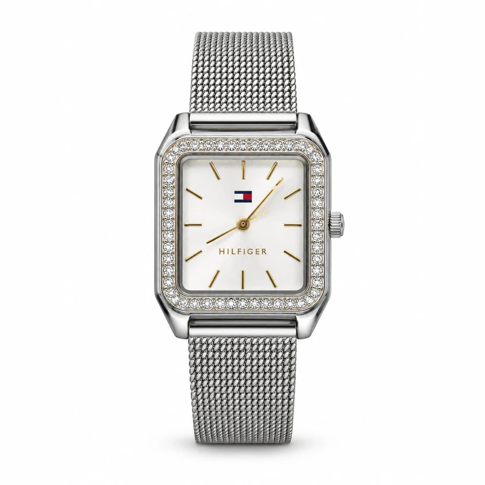 Tommy Hilfiger Silver mesh rectangle, crystal bezel