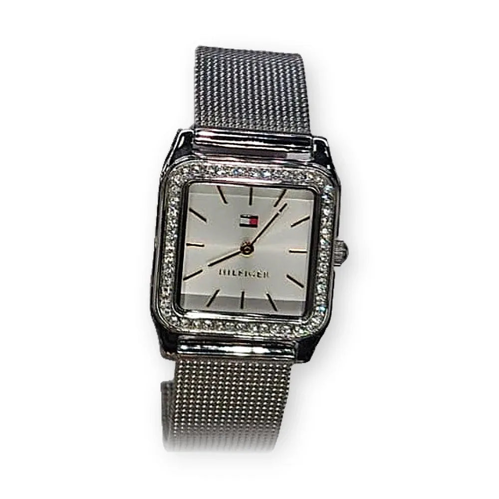 Tommy Hilfiger Silver mesh rectangle, crystal bezel