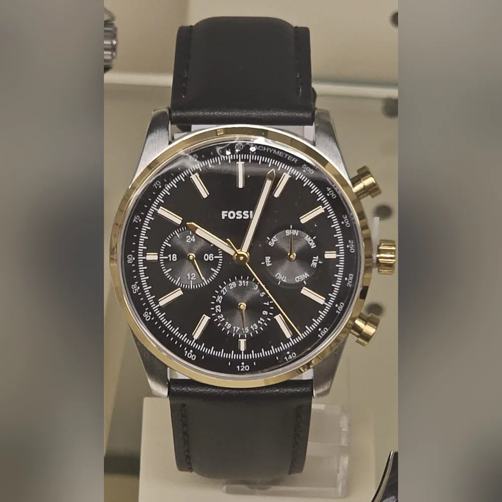 Fossil Chronograph, black dial, gold bezel