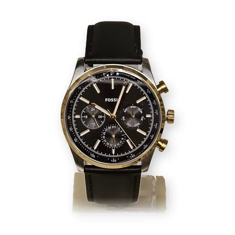 Fossil Chronograph, black dial, gold bezel