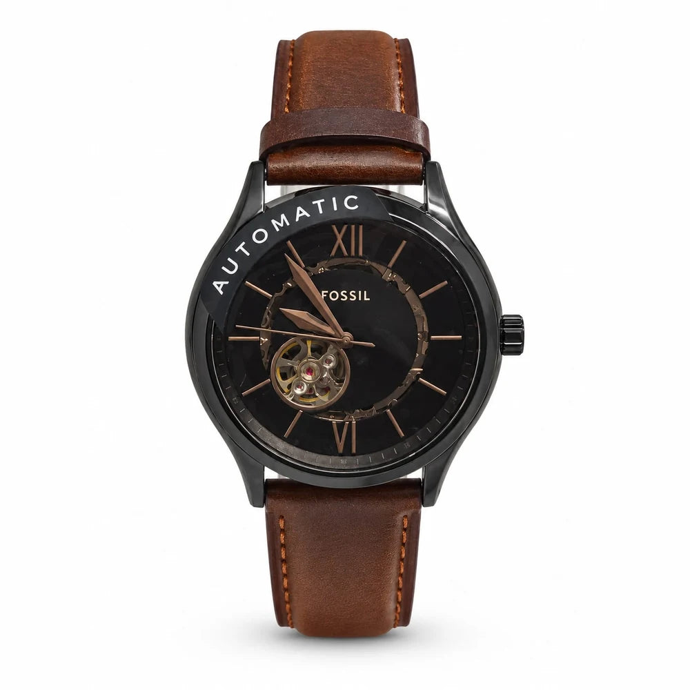 Fossil Automatic, gunmetal, brown leather