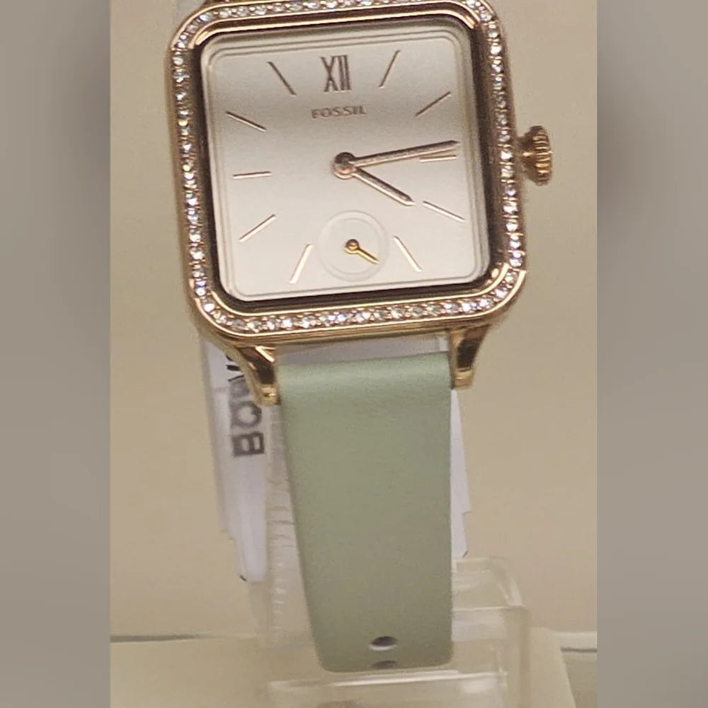 Fossil Rose-gold square, sage leather