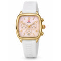 Michele Gold-tone chronograph, pink mother-of-pearl dial, white strap