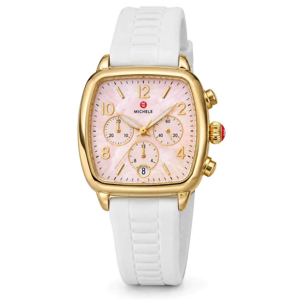 Michele Gold-tone chronograph, pink mother-of-pearl dial, white strap