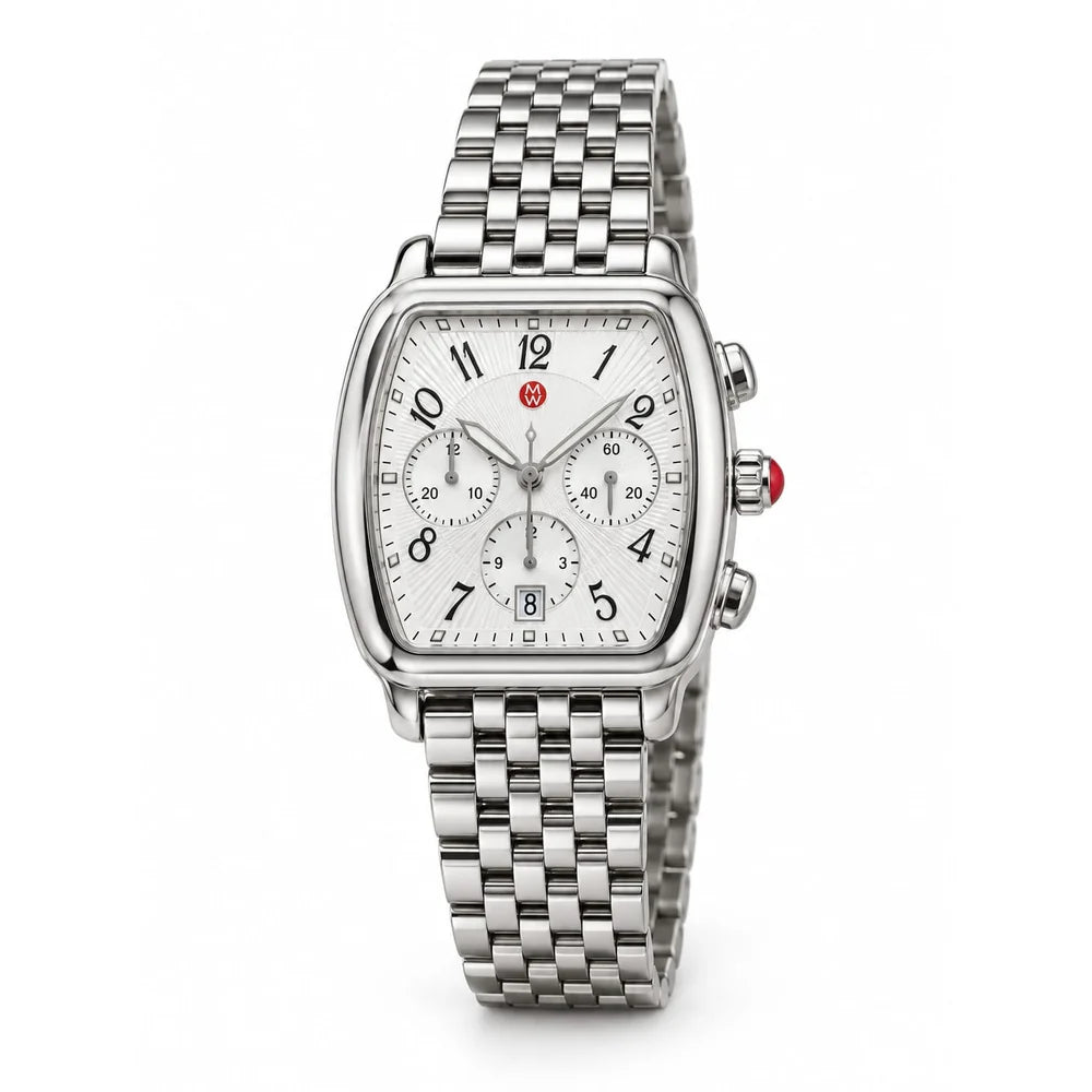 Michele Stainless chronograph, white dial, Arabic numerals