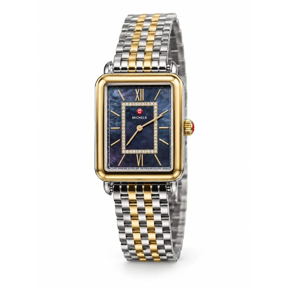 Michele Deco II two-tone, dark mother-of-pearl dial, diamond-set frame