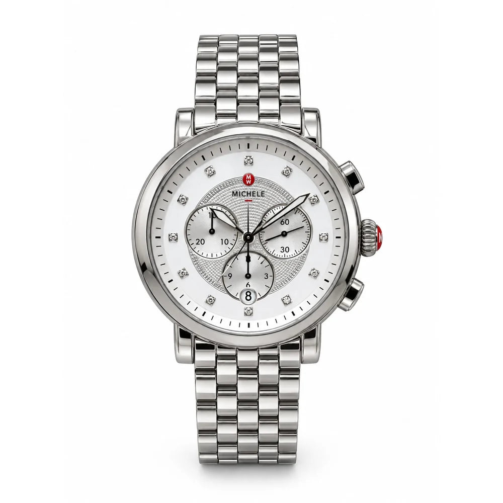 Michele Stainless chronograph, white dial, diamond-set markers
