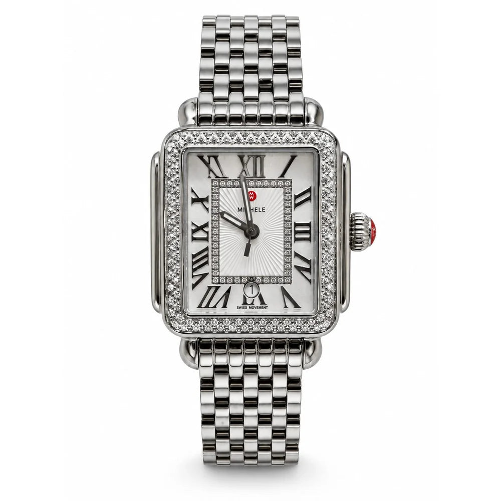Michele Deco, stainless, diamond-set bezel, Roman numerals