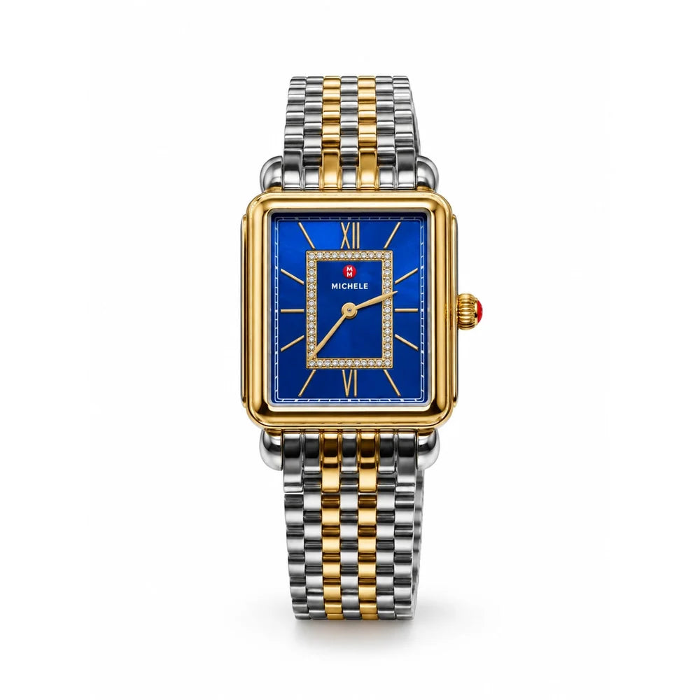 Michele Deco II two-tone, blue dial, diamond-set frame