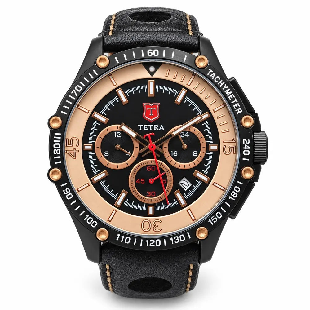 Tetra Chronograph 45mm, black & rose gold, leather