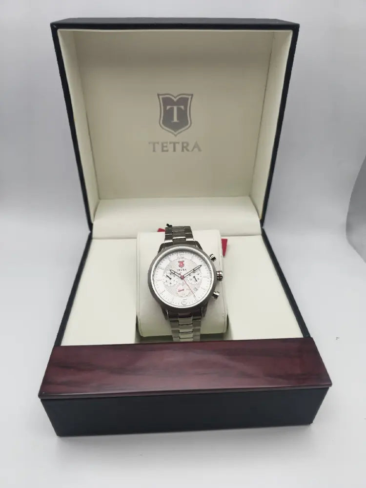 Tetra Chronograph, steel, white dial, red logo