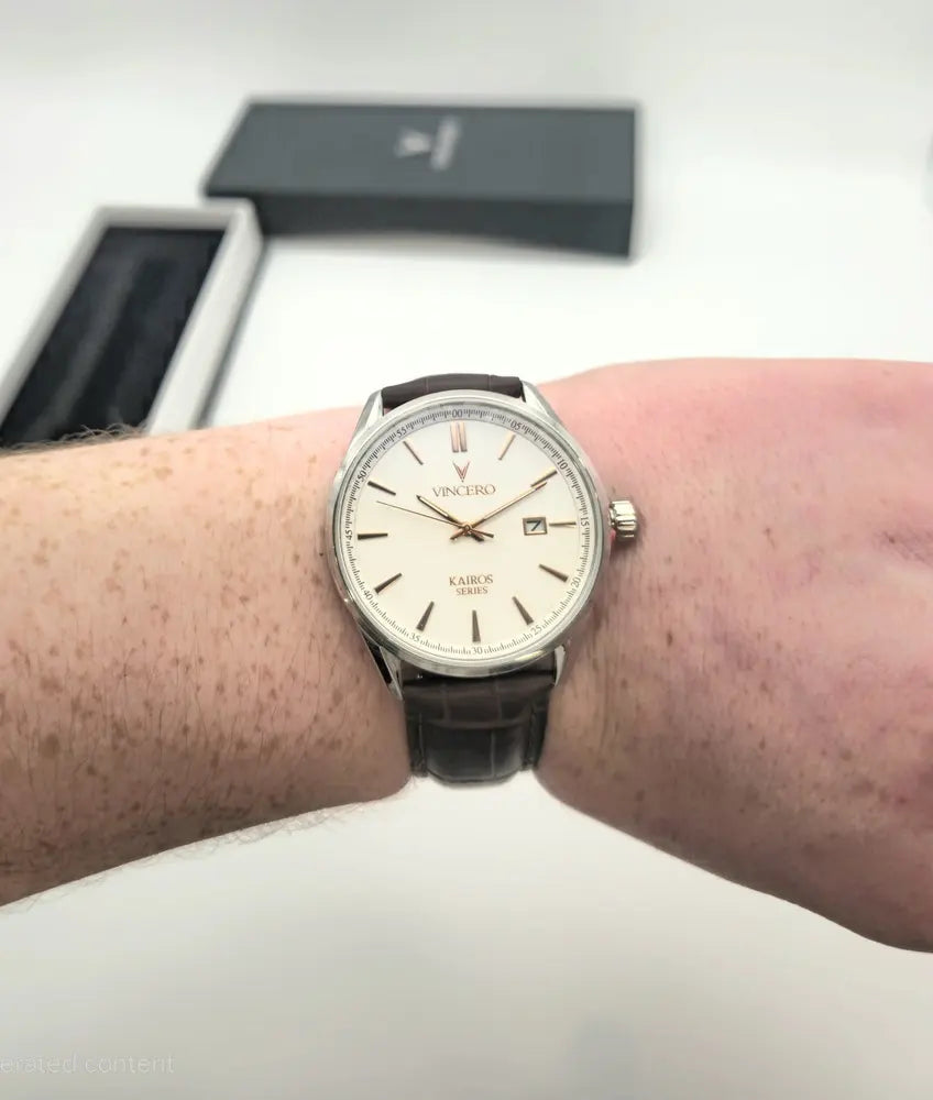 Vincero Kairos 42mm date, silver / rose gold, brown leather
