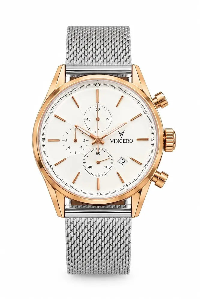 Vincero Chrono S, white dial, rose gold, silver mesh