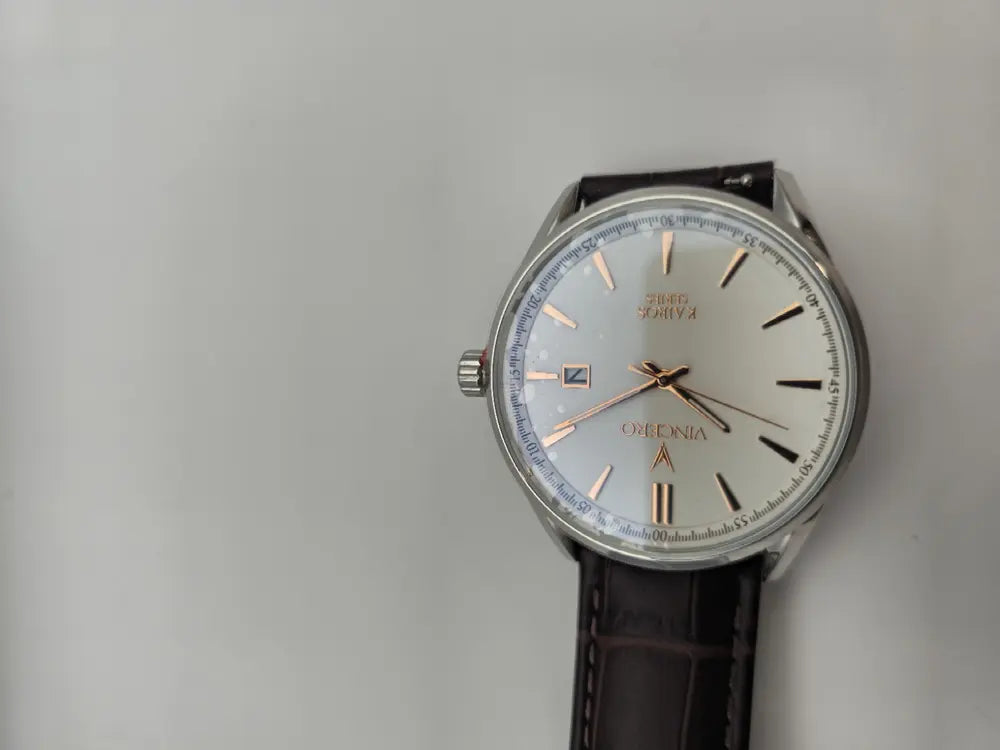 Vincero Kairos 42mm date, silver / rose gold, brown leather