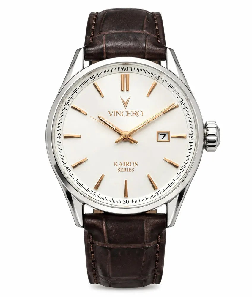 Vincero Kairos 42mm date, silver / rose gold, brown leather