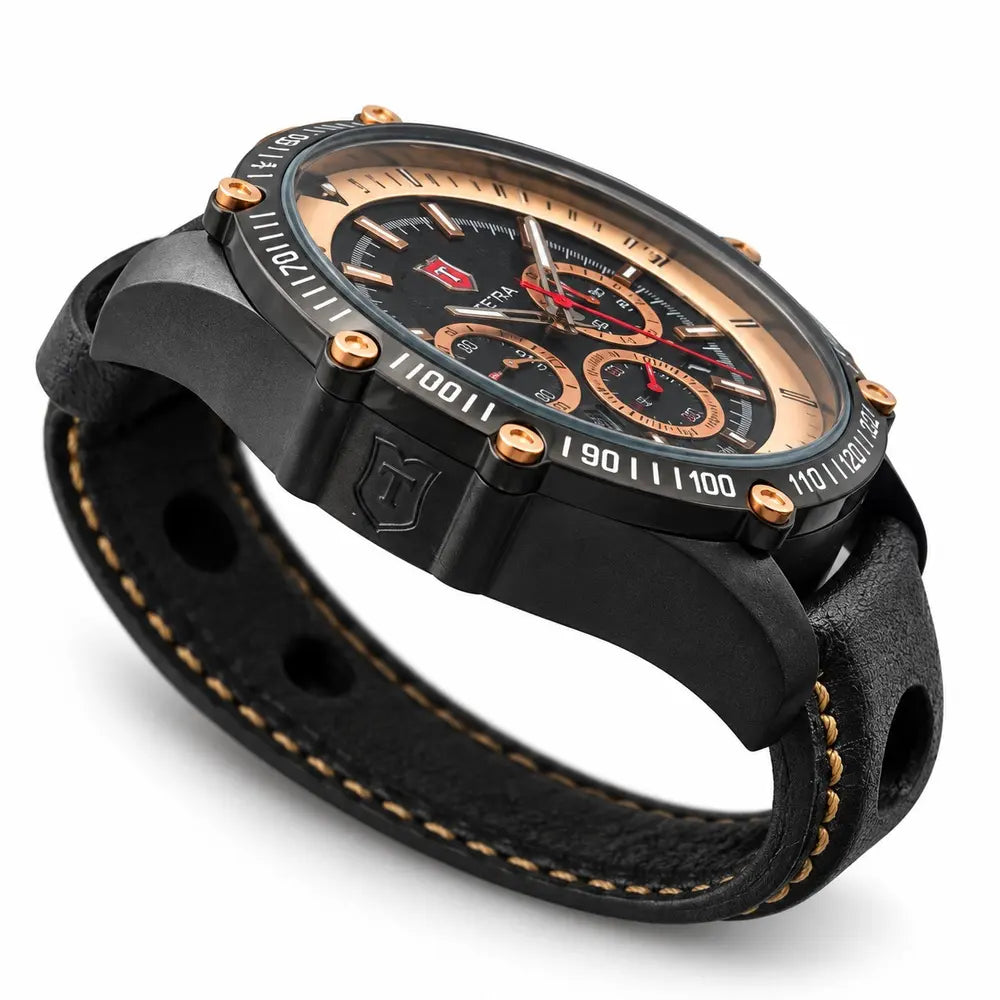 Tetra Chronograph 45mm, black & rose gold, leather