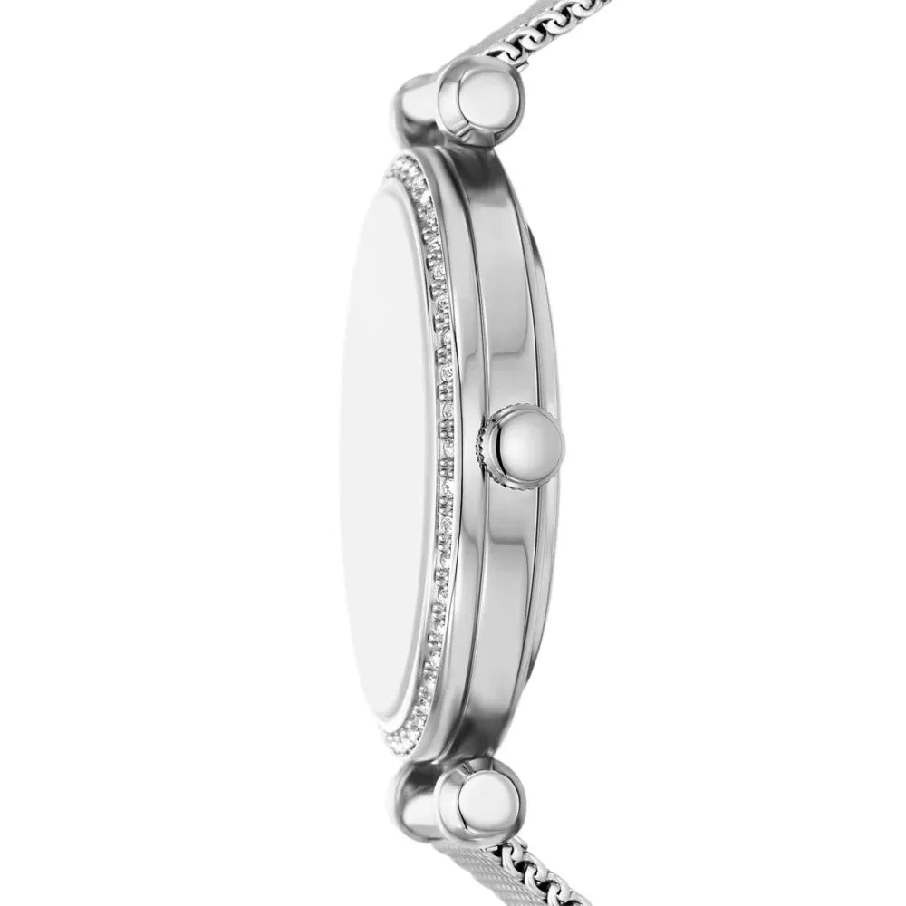 Fossil Silver mesh, crystal bezel, white dial