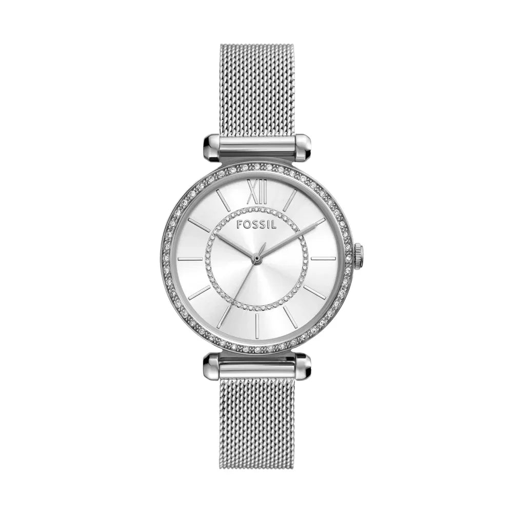 Fossil Silver mesh, crystal bezel, white dial