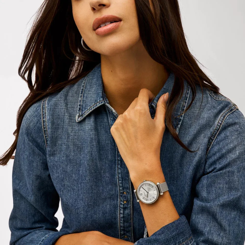 Fossil Silver mesh, crystal bezel, white dial