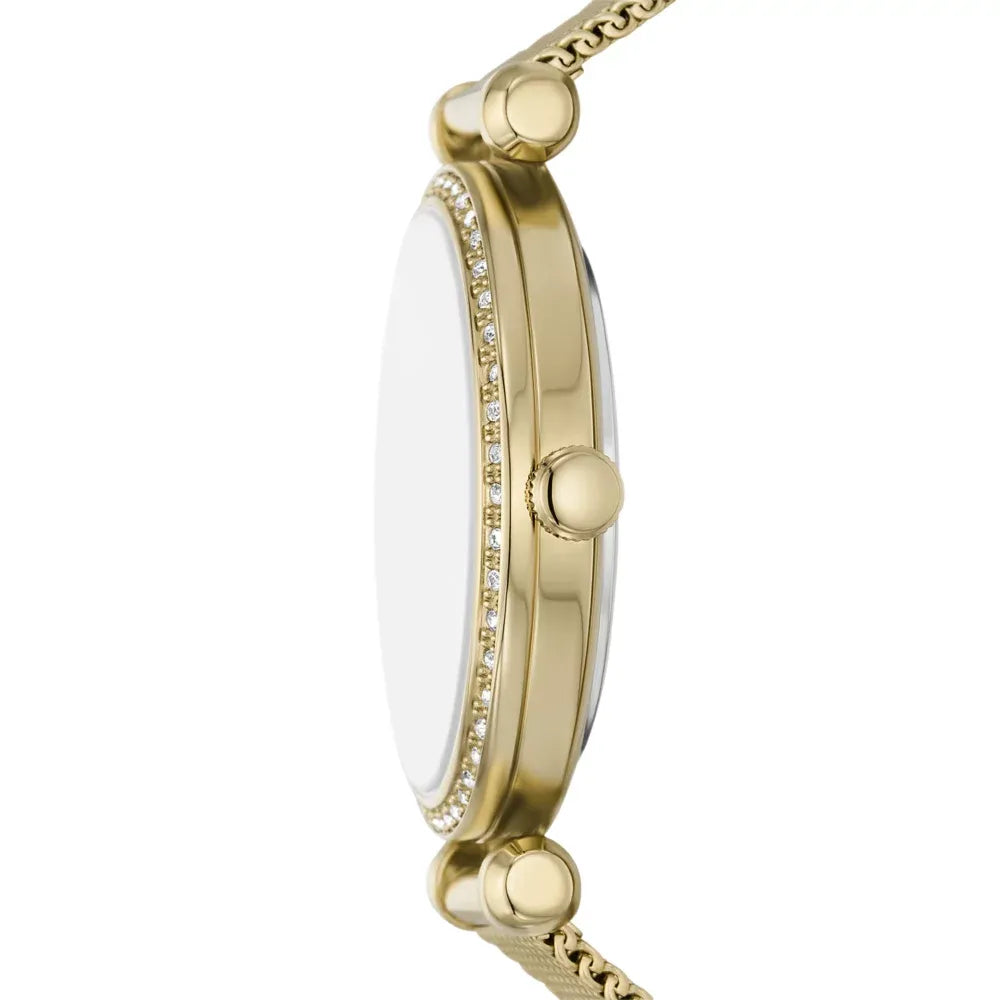 Fossil Gold mesh, crystal bezel, white dial