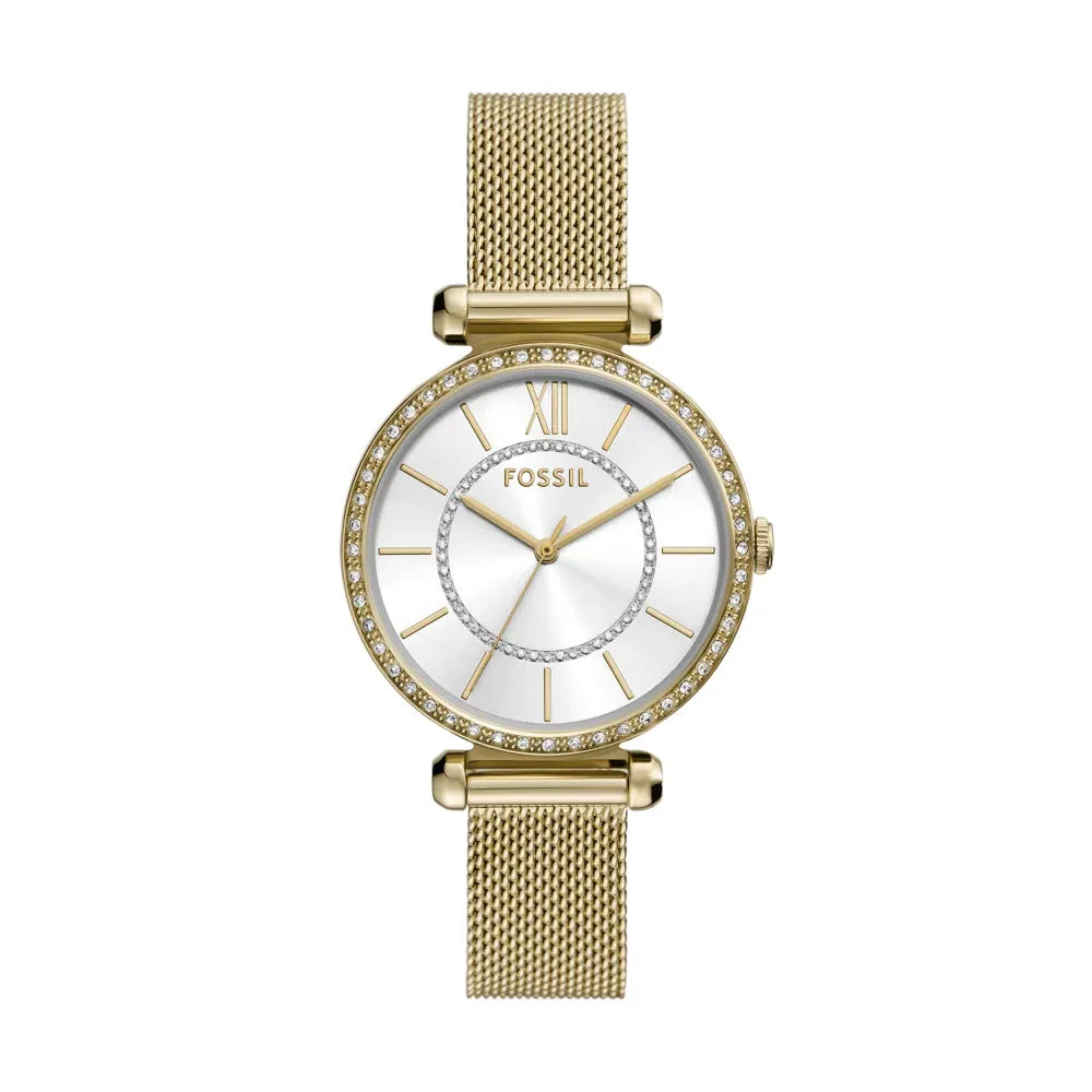 Fossil Gold mesh, crystal bezel, white dial