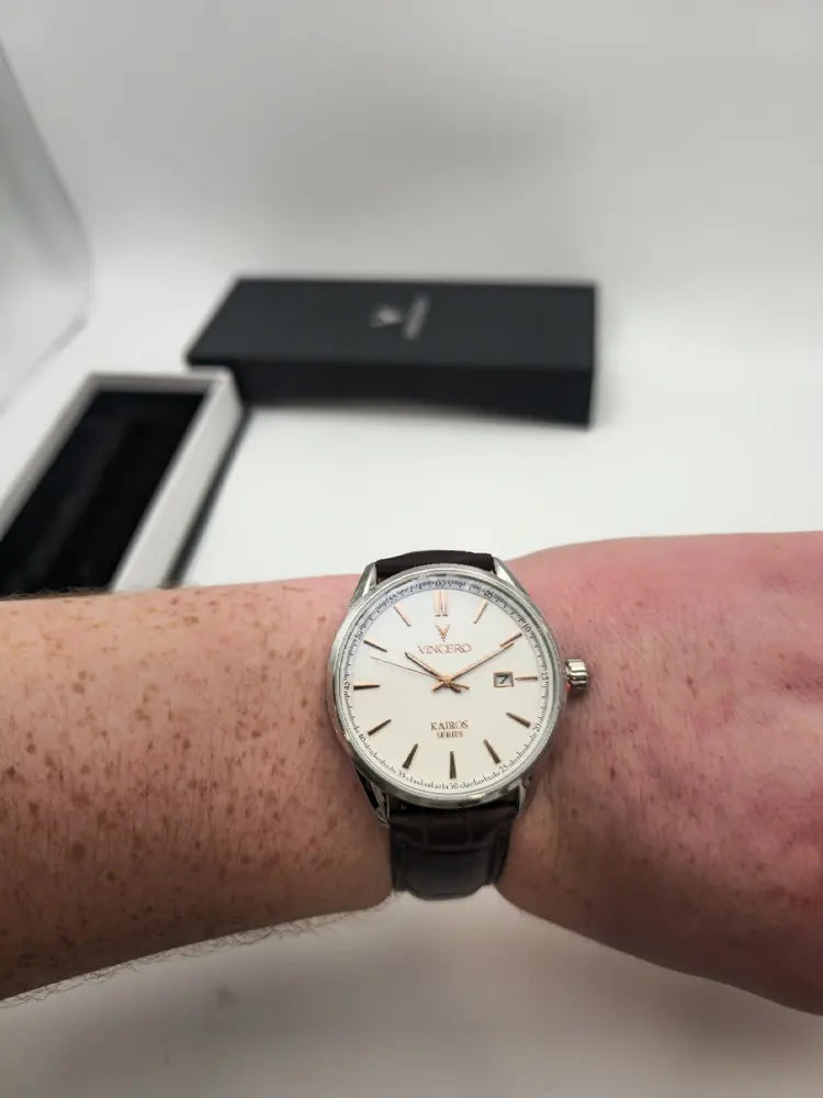 Vincero Kairos 42mm date, silver / rose gold, brown leather