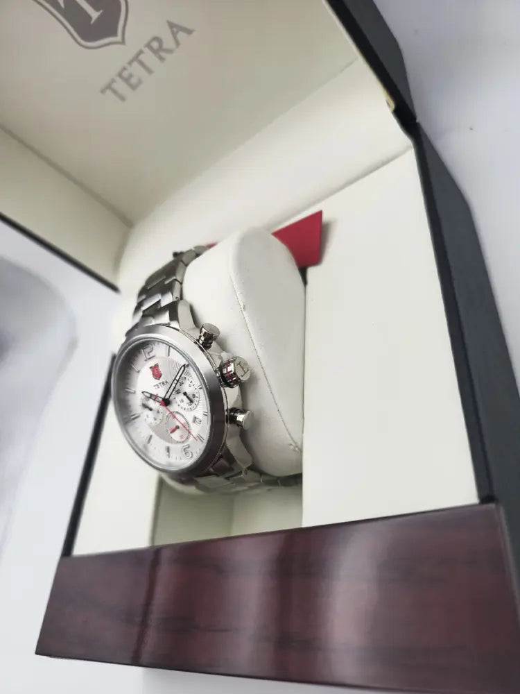 Tetra Chronograph, steel, white dial, red logo