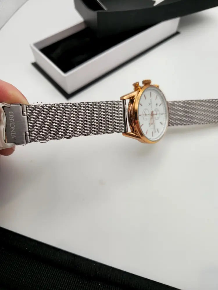 Vincero Chrono S, white dial, rose gold, silver mesh