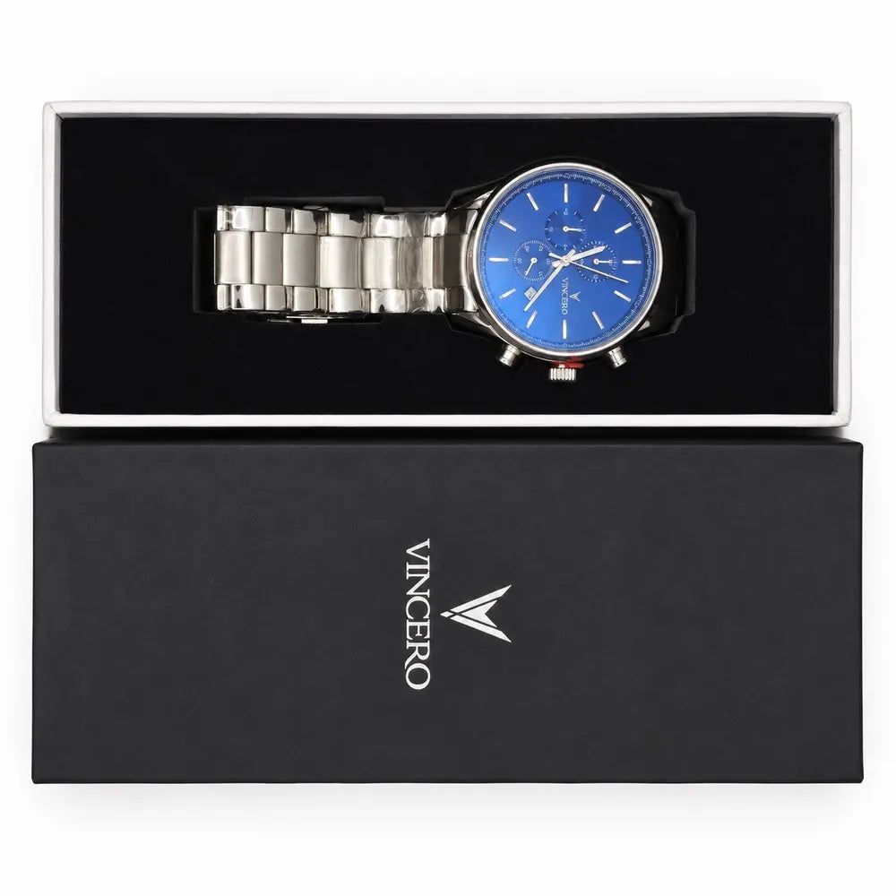 Vincero Chrono S, blue sunray dial, steel bracelet