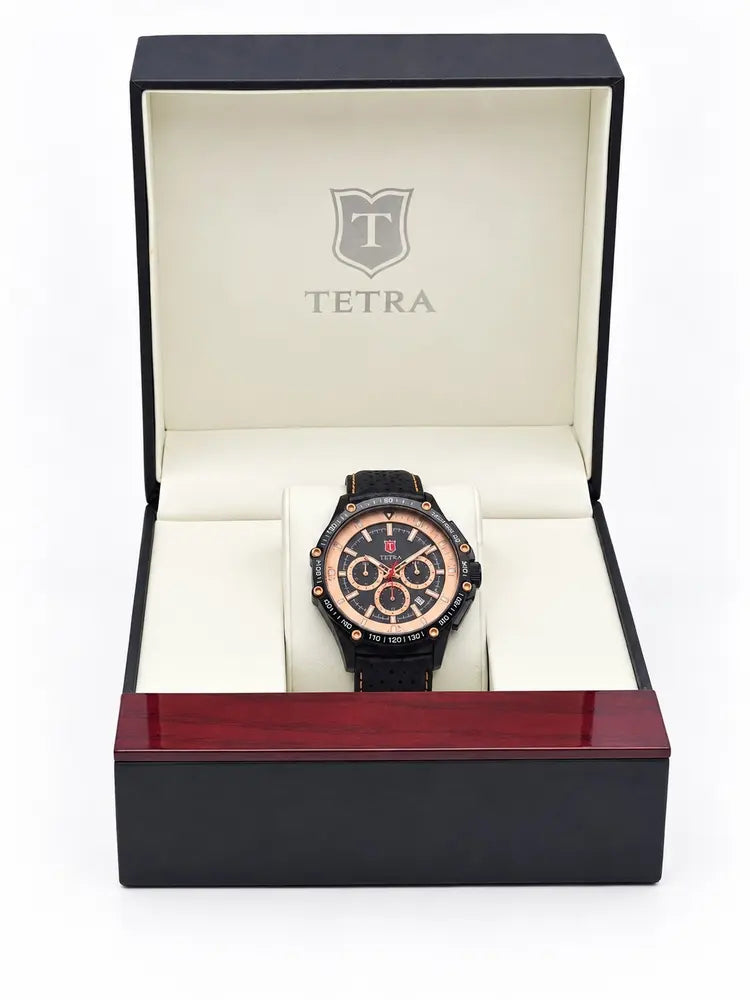 Tetra Chronograph 45mm, black & rose gold, leather