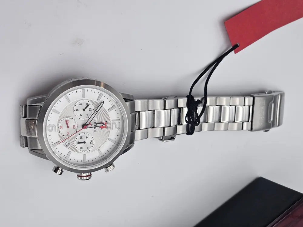 Tetra Chronograph, steel, white dial, red logo