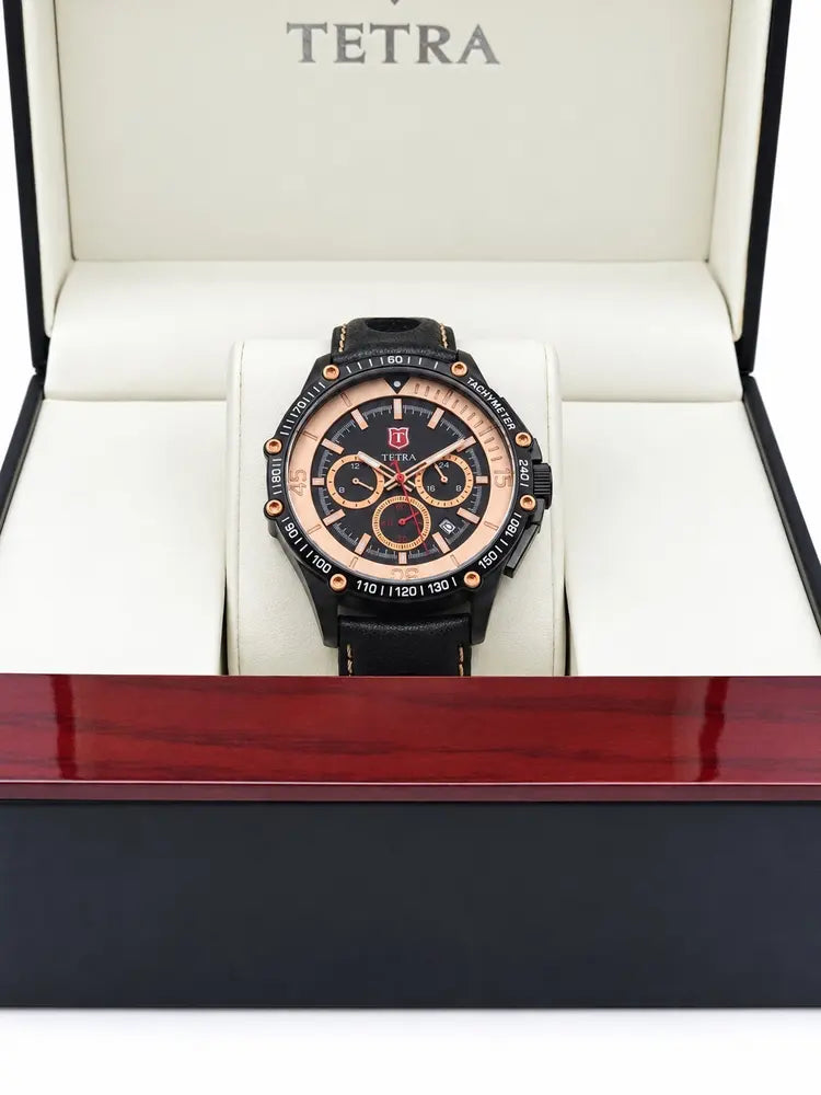 Tetra Chronograph 45mm, black & rose gold, leather